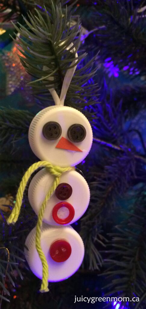 snowman ornament from upcycled caps and buttons