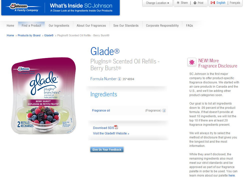 screen shot of Glade Plug In ingredients list