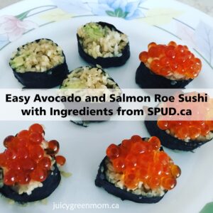 easy avocado and salmon roe sushi with ingredients from spud ca juicygreenmom